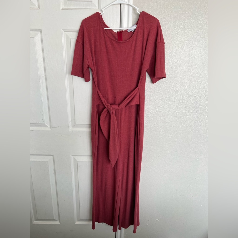 Piper & Scoot Wide Leg Ribbed Jumpsuit with Tie Detail Waist Zip Back Plus Size